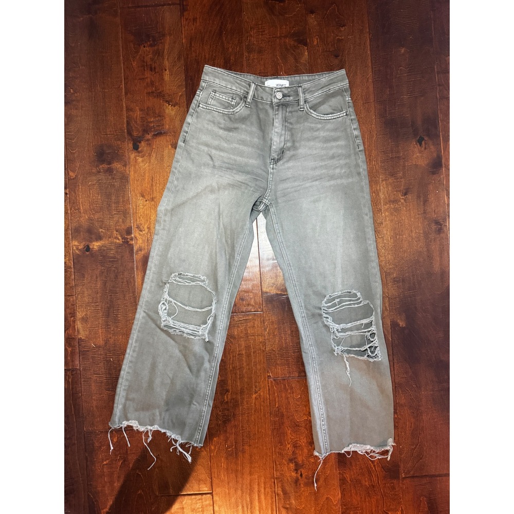 Vervet Los Angeles Olive Green Distressed Wide Leg Jeans V2736BE Cotton Size 26